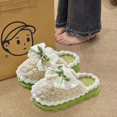 可爱蝴蝶结棉拖鞋女冬季2024新款毛绒保暖防滑厚底居家用包头拖鞋商品大图