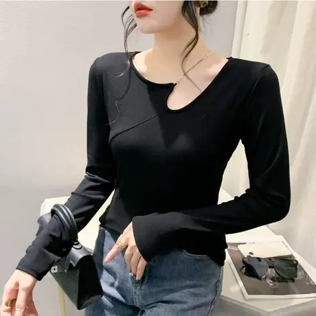 性感镂空露锁骨T恤设计感链条不规则上衣修身百搭打底衫女长袖ins图片