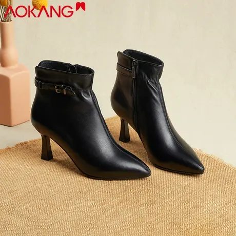 奥康短靴女2024新款秋冬季高跟细跟真皮瘦瘦靴尖头百搭侧拉链单靴图片