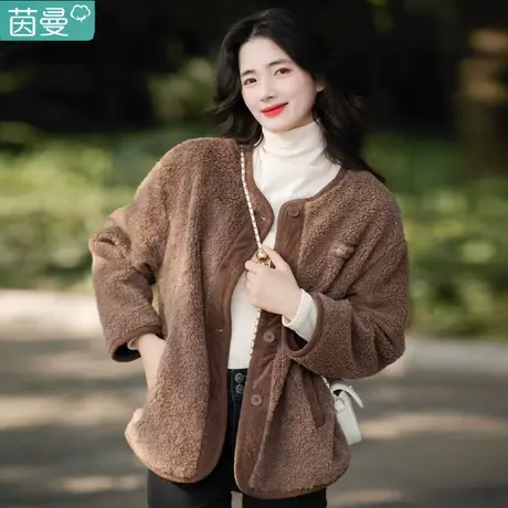 茵曼旗舰店羊羔毛外套女2024春秋季新款加绒短款夹克棉服棉衣上衣图片