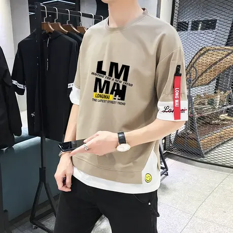 夏季2023新款短袖T恤男宽松潮流青少年中袖套装港风5五分七分半袖商品大图