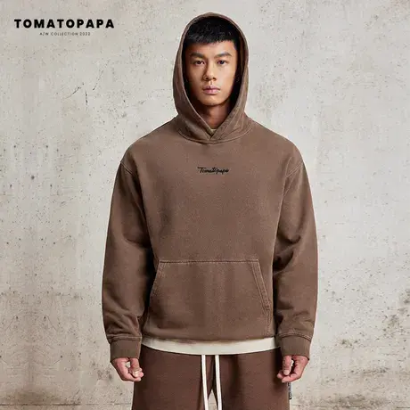 TOMATOPAPA原创连帽卫衣男做旧重磅棉字母刺绣套头衫宽松落肩上衣商品大图