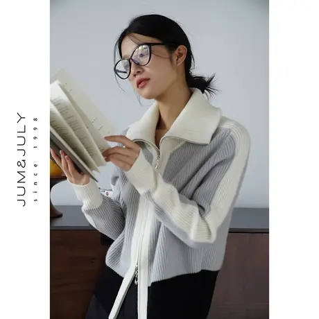 嘉茱莉2023秋季新款羊毛拼色针织毛衣女双头拉链针织开衫外套小众商品大图