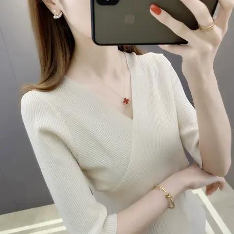 春装2023年新款女v领洋气半袖打底衫女内搭薄款百搭女士针织毛衣商品大图