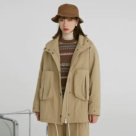 omont蛋挞家 复古立领大口袋抽绳工装棉衣女派克棉服加厚秋冬季图片