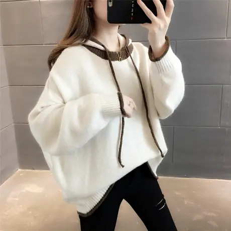 2023秋装新款时尚韩版针织毛衫外套女慵懒套头连帽毛衣女宽松百搭图片