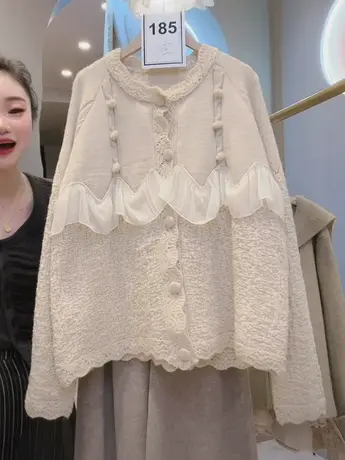 春装新款慵懒宽松显瘦木耳边甜美针织拼接气质百搭毛衣开衫上衣女图片