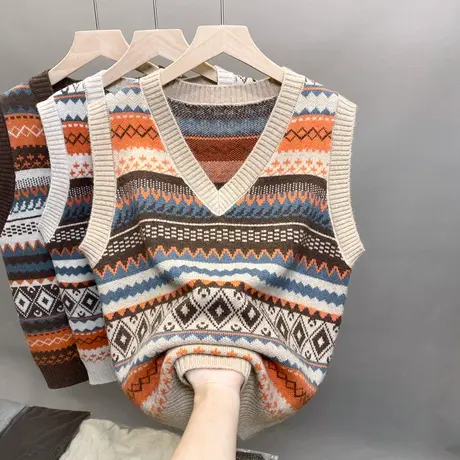 针织马甲背心女早春款外穿V领无袖外套复古拼色内搭坎肩无袖毛衣图片