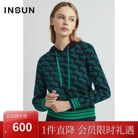 恩裳2023年早春新品天丝上衣环保纤维连帽休闲印花针织衫商品大图