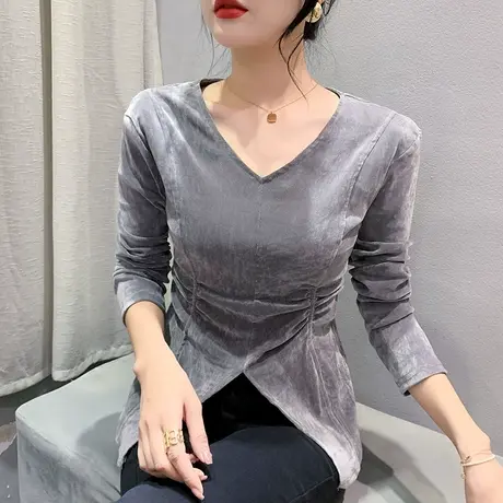 欧货丝绒上衣女长袖2023秋季新款时尚性感V领T恤内搭修身打底衫潮商品大图