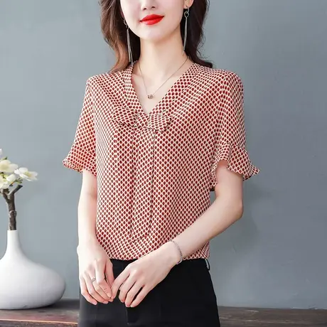 女装2023新款夏季短袖上衣女士时尚雪纺衬衫蝴蝶结洋气薄款衬衣女商品大图