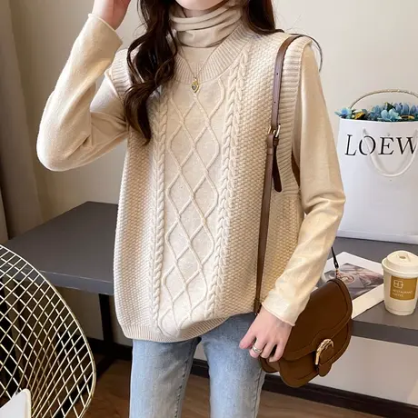 圆领麻花毛衣坎肩女2023秋冬新款宽松外穿马夹菱形针织马甲背心女图片
