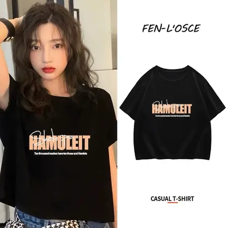 黑色短袖t恤女ins潮2023年夏季新款BF原宿风学生宽松短款纯棉上衣商品大图
