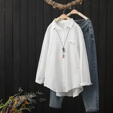 白色衬衫女长袖秋季2022年新款文艺简约宽松外穿衬衣翻领纯棉上衣商品大图