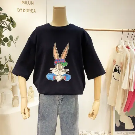 2021春装新款磨毛加厚短袖T恤韩国东大门ins可爱卡通打底衫大码女商品大图