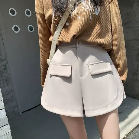 网红爆款高腰显瘦设计感宽松休闲阔腿短裤2022秋冬新款卡其色外穿图片