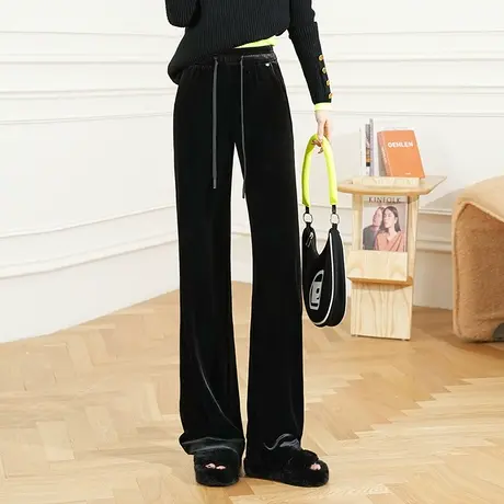 黑色显瘦抽绳直筒微喇裤女秋季新款高腰垂感宽松大码拖地阔腿裤子商品大图