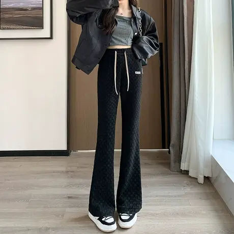 棋盘格微喇裤子女2023年秋冬新款高腰垂感宽松显瘦复古灯芯绒裤子商品大图