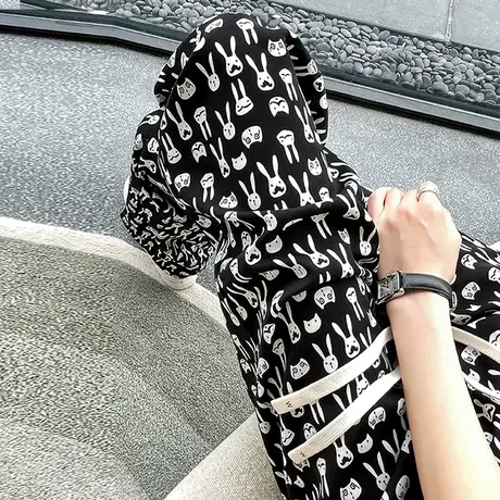 冰丝阔腿裤女夏季薄款高腰垂感窄版宽松显瘦兔子印花休闲拖地裤潮商品大图