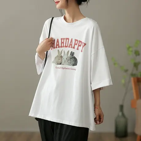 dza文艺复古纯棉T恤女2023夏季字母圆领短袖体恤宽松显瘦打底上衣商品大图