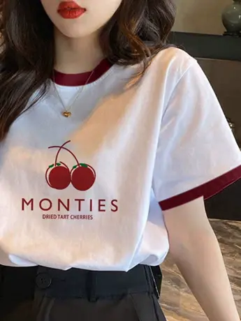 2023新款夏正肩仿棉短袖t恤女薄款宽松卡通拼白色显瘦半袖上衣潮图片