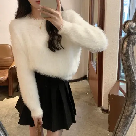 温柔风仿貂毛设计感毛衣打底衫女秋冬季加厚内搭软糯气质上衣短款图片