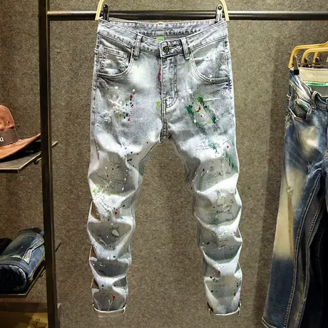 春秋浅蓝色泼墨牛仔裤男漆点潮牌九分裤韩版个性潮流修身小脚男裤商品大图