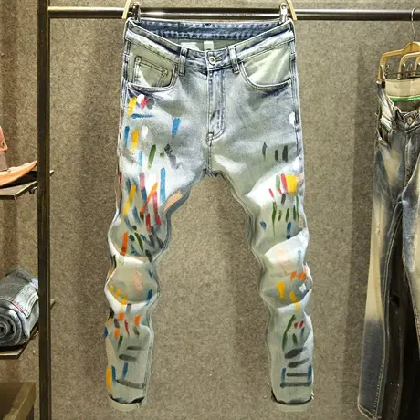 美式复古牛仔裤男款夏季修身型小脚裤潮牌高街彩色泼墨涂鸦裤子男商品大图