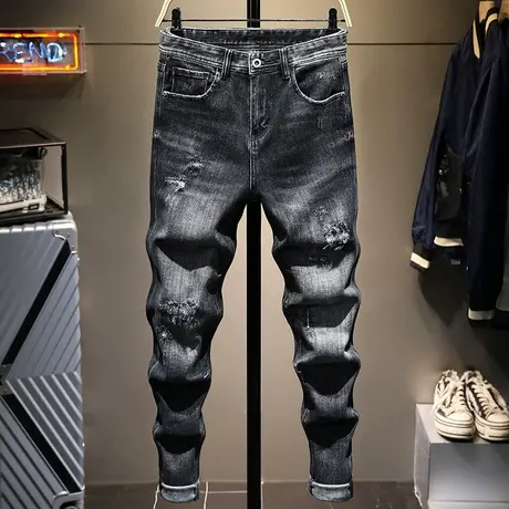 秋冬季潮牌时尚破洞牛仔裤男修身小直筒百搭男士休闲长裤子男装款商品大图