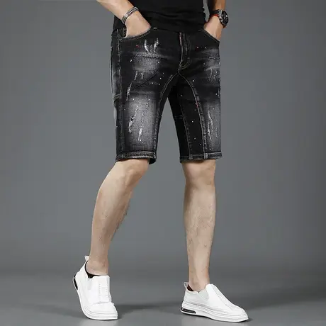 高街破洞牛仔短裤男夏季2023新款潮牌薄款五分裤弹力修身男士中裤商品大图