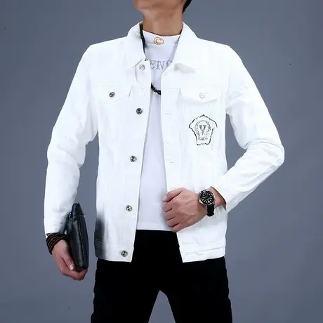 烫钻印花白色牛仔外套男士2023新款休闲春秋牛仔上衣夹克百搭男款图片