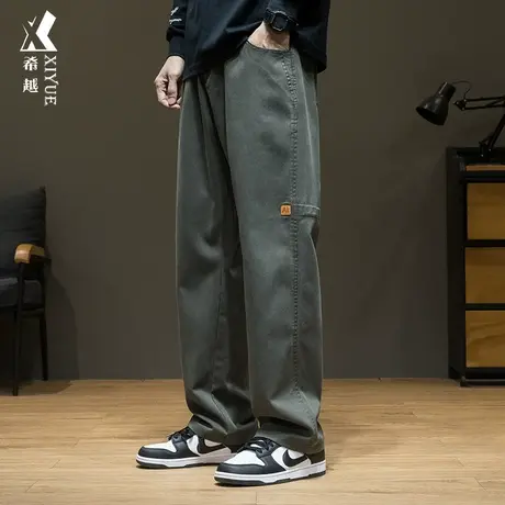 希越天丝莱赛尔休闲裤男秋季拼接抗皱军绿色宽松大码男士直筒长裤商品大图