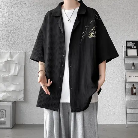 新中式冰丝短袖衬衫男中国风男装刺绣古巴领衬衣国潮大码寸衫帅气商品大图