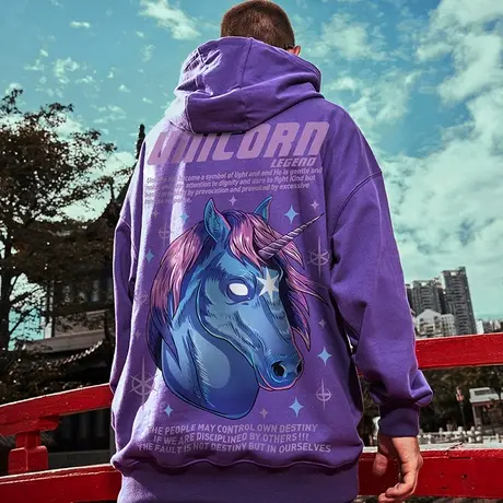 oversize加肥加大码潮牌连帽衫独角兽加绒胖子男装潮流套头卫衣潮商品大图