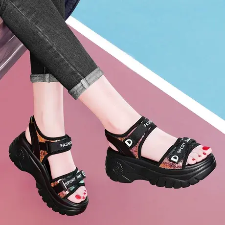 2023新款运动凉鞋女夏季增高松糕厚底轻便学生百搭魔术贴沙滩鞋子商品大图