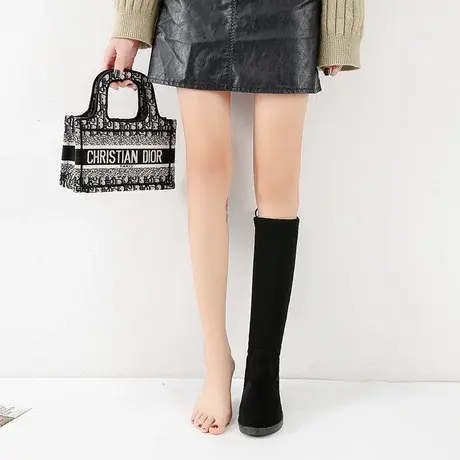 2023外贸原单秋冬森系森女宽松褶皱内增高纯黑色中筒女靴子瘦瘦靴商品大图