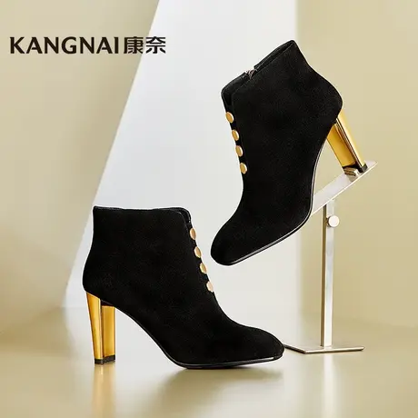 康奈官方女鞋秋冬季新款时尚高跟短靴职场OL办公室宴会真皮低靴子商品大图