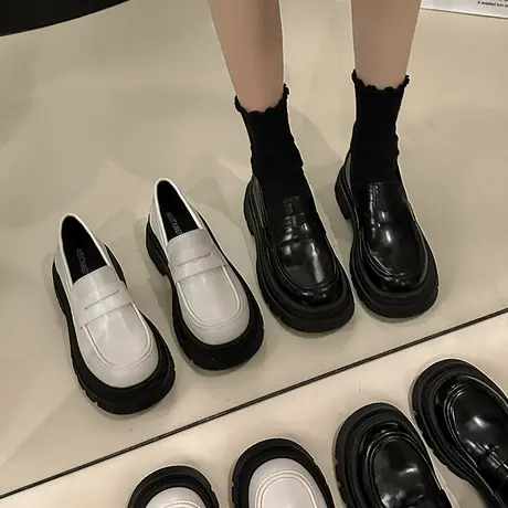 黑色小皮鞋女厚底松糕日系2024年新款春秋一脚蹬乐福鞋玛丽珍单鞋图片