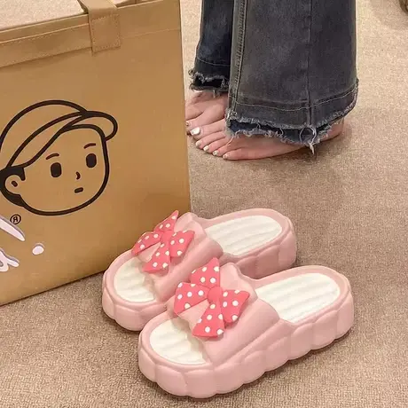 松糕一字拖女夏季时尚可爱波点蝴蝶结厚底增高外穿防滑沙滩凉拖鞋商品大图