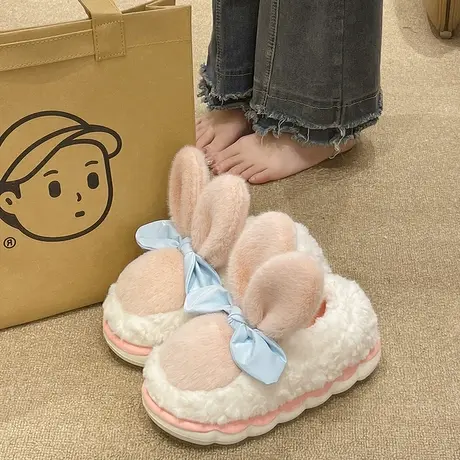 可爱大耳朵兔棉拖鞋女冬季室内家居厚底防滑保暖毛绒包跟月子棉鞋商品大图