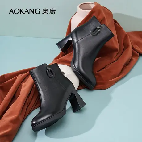 【门店发货】奥康女鞋 2022冬季新款加绒保暖粗高跟舒适增高百搭图片