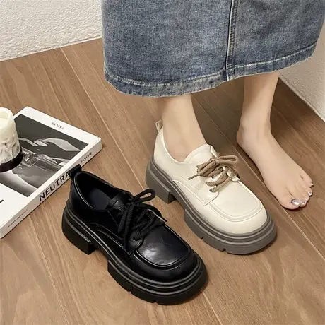 洋气百搭乐福鞋女2024春秋季新款厚底增高单鞋防滑英伦粗跟小皮鞋图片
