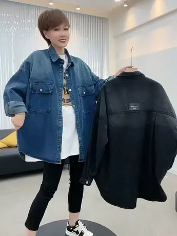 复古港风渐变牛仔衬衫女2023春秋慵懒风设计感宽松中长款衬衣外套图片