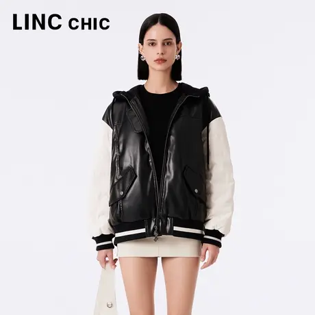 LINCCHIC金羽杰羽绒服女2023秋冬新款潮酷皮质拼接夹克Y23802019商品大图