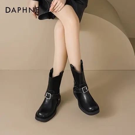 达芙妮真皮美拉德马丁靴女2024秋冬新款皮带扣中筒短靴拽酷机车靴图片