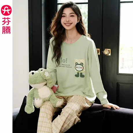 芬腾睡衣女春秋季纯棉长袖套装韩版甜美少女宽松休闲可外穿家居服商品大图