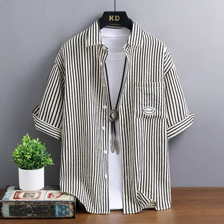 夏季男士七分袖衬衫宽松条纹短袖寸衫加肥加大码半袖男装上衣衬衣图片