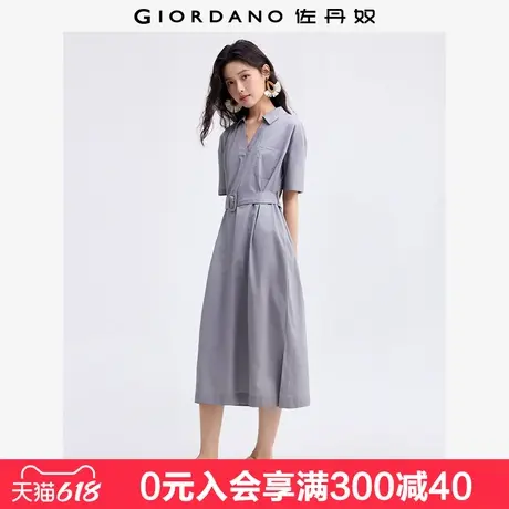 佐丹奴裙子女夏季新款纯棉府绸通勤风腰带V字翻领连衣裙13465332图片