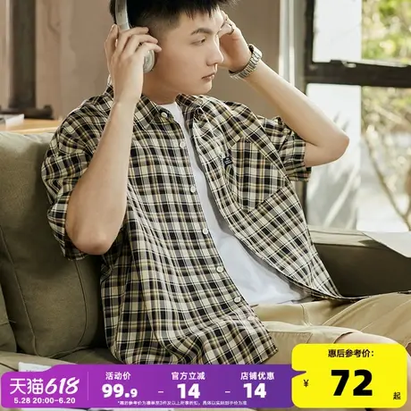 唐狮夏季新款格子短袖衬衫男绿色休闲复古日系衬衣开衫宽松上衣潮图片
