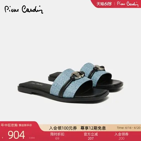 皮尔卡丹女鞋真皮一字拖鞋外穿平底凉拖鞋百搭饰扣懒人拖女拖鞋女图片